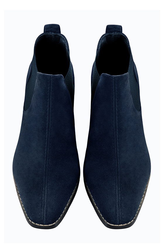 Navy blue women's ankle boots, with elastics. Square toe. Medium block heels. Top view - Florence KOOIJMAN